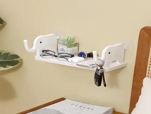 Multiused Wall Mount Floating Shelf & with Adhesive Sticker. Storage Organiser for Kitchen, Bathroom, Bedroom, Office Supporting Without Drilling Elephant Design White (1piece)