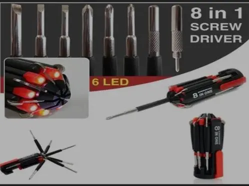  8in1 Screwdriver Set with 6 LED Lights, Portable multifunctional 8-in-1 Screw driver tool set kit with torch and magnetic heads for Mobile, Laptop repairing & Household work, pack of 1