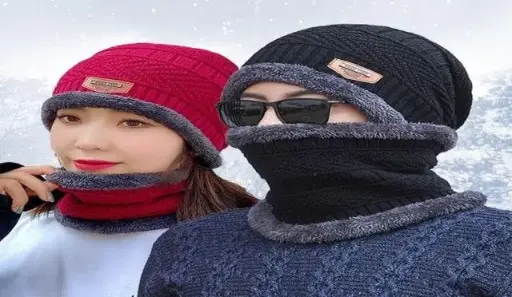 Red Color Winter Soft Warm Snow Proof (Inside Fur) Woolen Beanie Cap with Scarf for Women's & Girl's (Free Size) multicolor (1 piece)