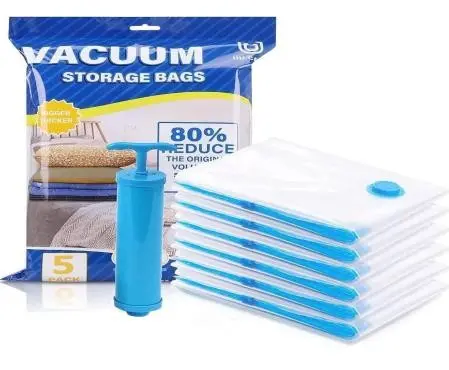 Reusable Vacuum Storage Ziplock Compression Sealer plastic Bags for Packing Travel clothes and home Blankets, Quilts with hand Pump ( 5 bag , vacuum pumps , 2 piece 50cm to 70cm, 2piece 60cm to 80 cm, 1 piece 80cm to 100cm)