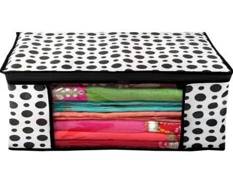 Non-Woven Printed Saree Cover, Cloth Storage, Organizer with Transparent Window, Decorative Storage Boxes for Clothes and Blankets,Transparent with Zippers, (Black Dots brown, white , Pack of 1)