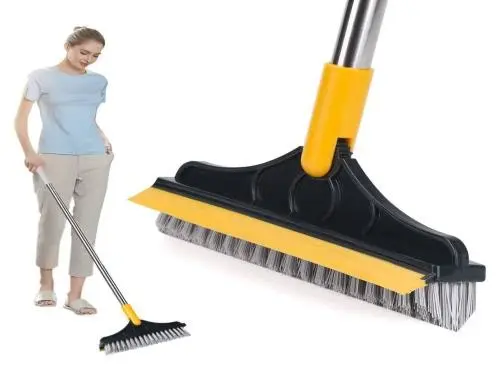 Viper Type with Long Handle Grout Brush Scrape V-Shape Stiff Bristle Cleaning Brush with Squeegee,120 Rotating Tile Brush for Bathroom & Kitchen, 1 piece