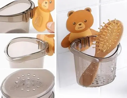 Teddy Bear Toothbrush Holder for Bathroom, Tooth Paste Brush Stand for Wash Basin, Wall-Mounted Clear Toothbrush Holder No Nails No Drills , (2 pieces)