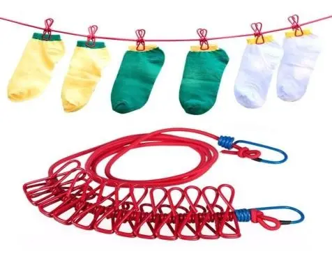  Creative portable Outdoor Non-slip Retractable clothesline with clip Camping Traveling portable Cloth Drying Rope with Hooks Elastic with adjustable, (1piece)